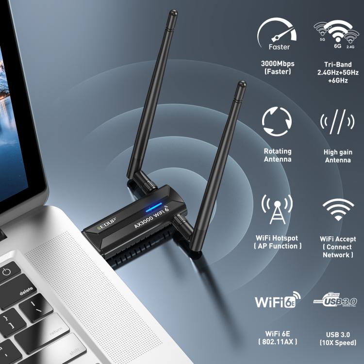 EDUP EP-AX1672 AX3000 USB 3.0 Wireless WiFi 6E Adapter 802.11g High Power Wireless USB Adapter 2.4GHz & 5GHz & 6GHz with Chipset MT7621AU EDUP EP-AX1672 AX3000 USB 3.0 Wireless WiFi 6E Adapter 802.11g High Power Wireless USB Adapter 2.4GHz & 5GHz & 6GHz with Chipset MT7621AU